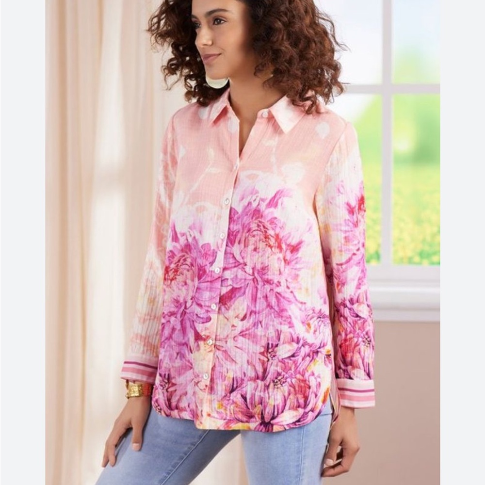 NEW Soft Surroundings Altura Gauze Tunic Shirt Women's PS Coral Floral‎ MSRP $99